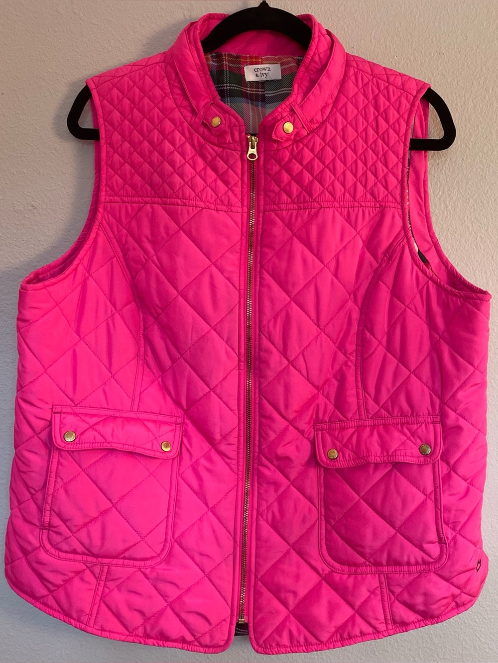 Crown & Ivy Hot Pink Quilted Vest Plaid Lined Gold Hardware XL